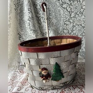 Christmas Woven Wood Basket With Snowman And Christmas Tree